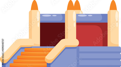 Colorful inflatable bouncy castle with orange steps and decorative towers is ready for kids party
