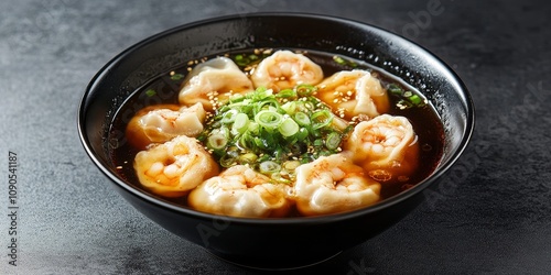 Delicious wanton soup bowl featuring shrimp dumplings, enhanced with green pickled chili in soy sauce, represents popular cuisine. Enjoy the rich flavors of wanton soup with these savory elements.