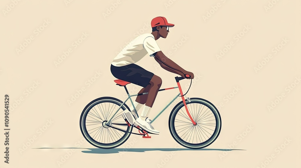 Fototapeta premium A young Black male in a red cap rides a bicycle against a minimalist background.
