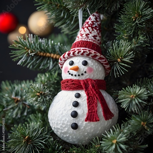 A festive snowman, adorned with a Christmas tree hat and ornaments, celebrates the winter season