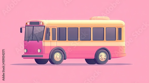 A vibrant, cartoon-style illustration of a pink and yellow bus on a pastel pink background.
