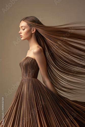 Studio portrait of a fashionable model showing flowing hair and wearing a pleated dress