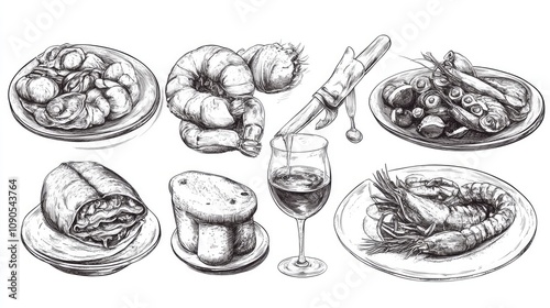 An artistic monochrome illustration of various delicious seafood dishes and accompaniments.