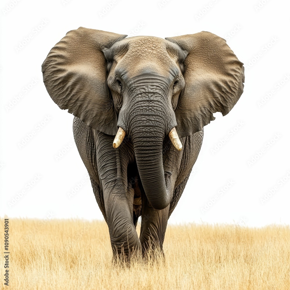 Fototapeta premium Large elephant walking toward camera, tall grass.