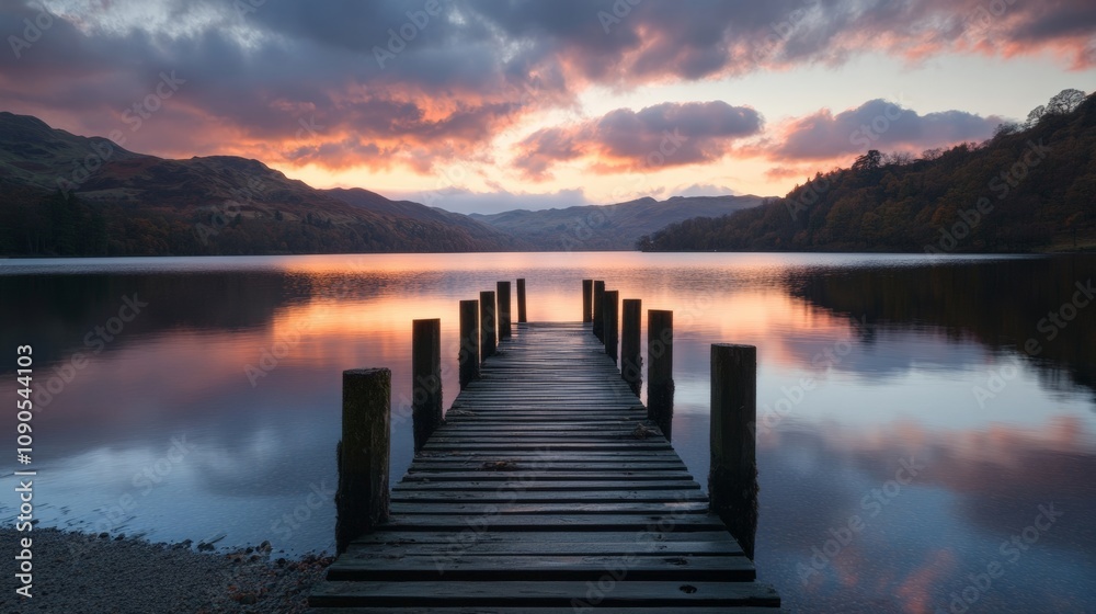Fototapeta premium Serene sunset over a wooden dock by the lake, reflecting calm waters and mountains in the background.