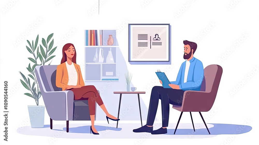 A woman and a man engaged in a friendly conversation in a bright, modern therapy office. A woman and a man engaged in a friendly conversation in a bright, modern therapy office.