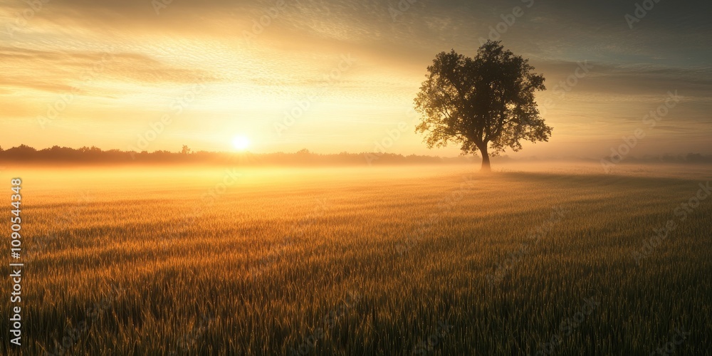 Fototapeta premium Sunrise illuminating the field creates a serene atmosphere as morning fog gently blankets the landscape, enhancing the beauty of the field in this tranquil scene at dawn.