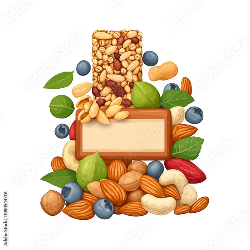 Nutritious snack bar surrounded by assorted nuts, seeds, and berries, transparent background, png file 