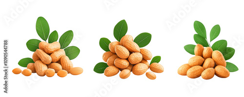 Peanuts arranged in piles with green leaves, showcasing their natural beauty, transparent background, png file 