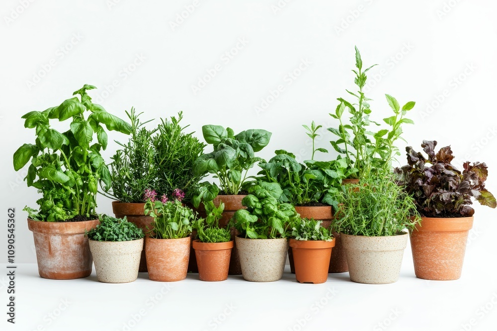 Fototapeta premium Assorted herbs potted in terracotta and stone.
