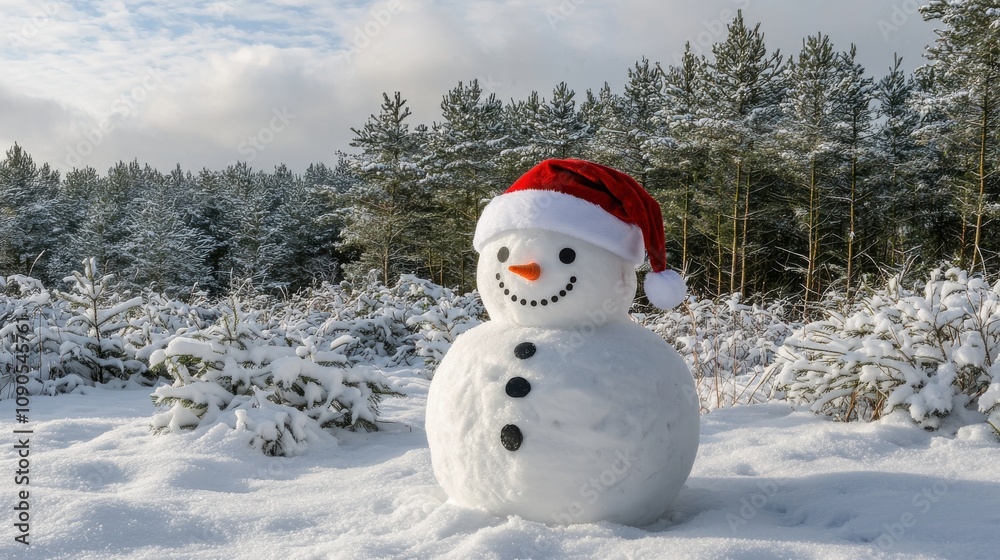 Obraz premium Santa-Hat Snowman Surrounded by Snowy Pines