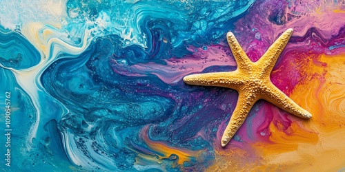 Vibrant textured background art featuring a dynamic pouring technique with colorful acrylics, beautifully incorporating starfish elements for an eye catching design. photo