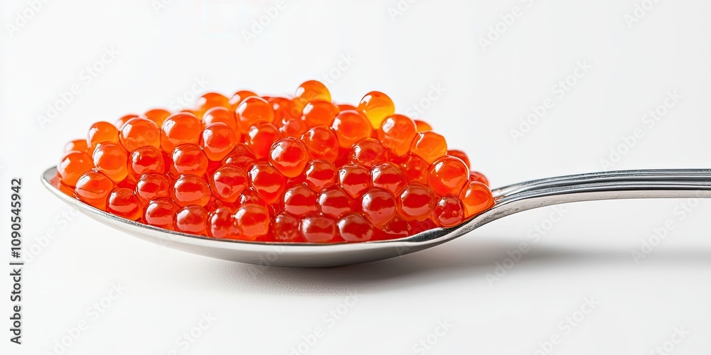 Red caviar elegantly presented in a silver spoon, isolated against a pristine white background, showcasing the luxurious appeal of red caviar. This delightful red caviar truly stands out.