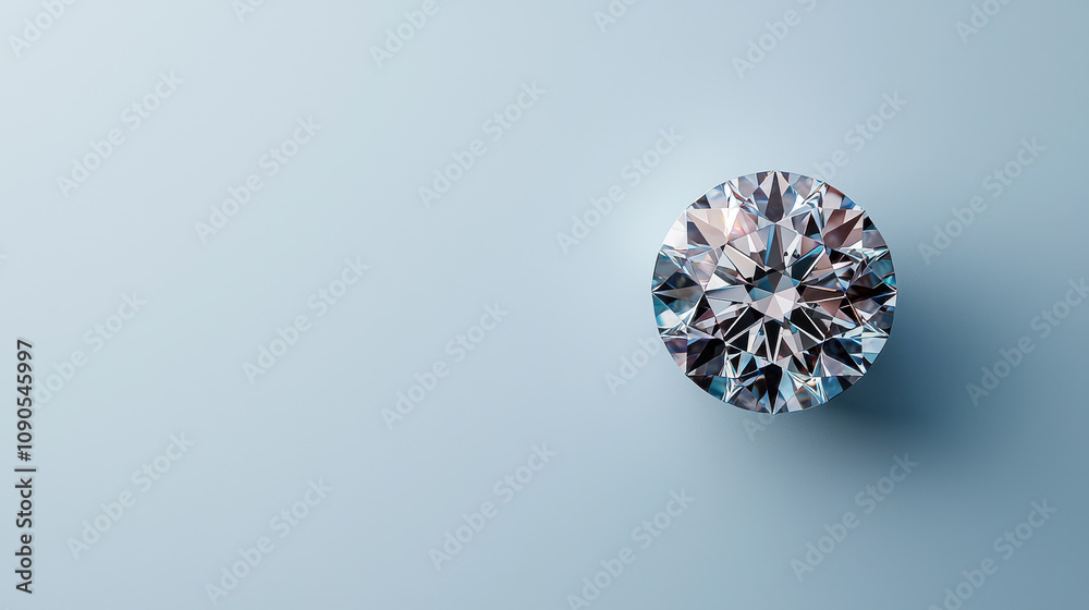 brilliant round diamond sparkles against soft blue background, showcasing its clarity and cut. gemstone facets reflect light beautifully, creating sense of luxury and elegance