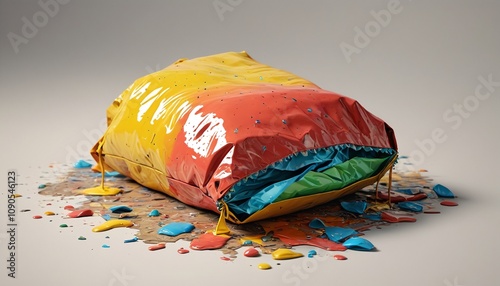 A glistening, oozy substance leaking from a torn bag, pooling on a neutral backdrop, Generative AI