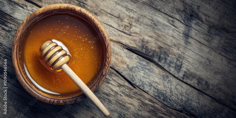Fototapeta premium A close up of a bowl of honey accompanied by a honey dipper resting on a wooden table, showcasing the rich texture and natural color of the honey. Perfect for honey enthusiasts and culinary uses.