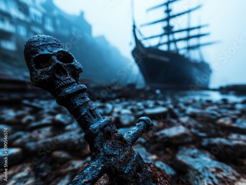 A detailed close-up of a skull upon a beach near a ghostly shipwreck, evoking thoughts of adventure and the mysteries of the deep sea and forgotten stories. photo