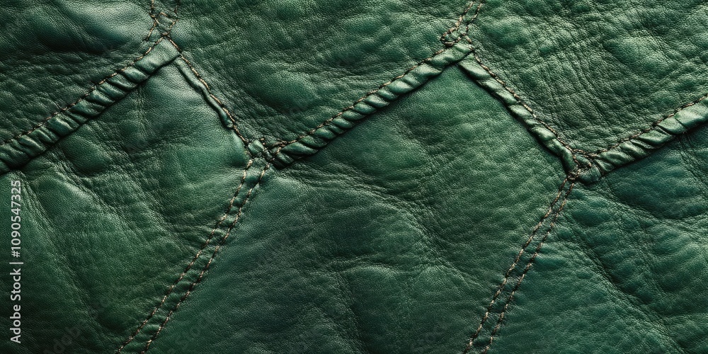 Naklejka premium Green glove leather texture featuring intricate seam details, perfect for showcasing the unique aesthetics of green glove leather in various design applications. Ideal for backgrounds and textures.
