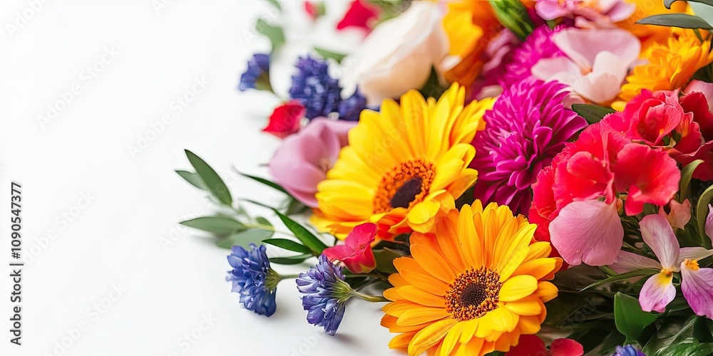 Obraz premium Vibrant bouquet of colorful flowers displayed on a clean white background, showcasing a beautiful arrangement of bright flowers that enhance any setting with their charm and vibrancy.