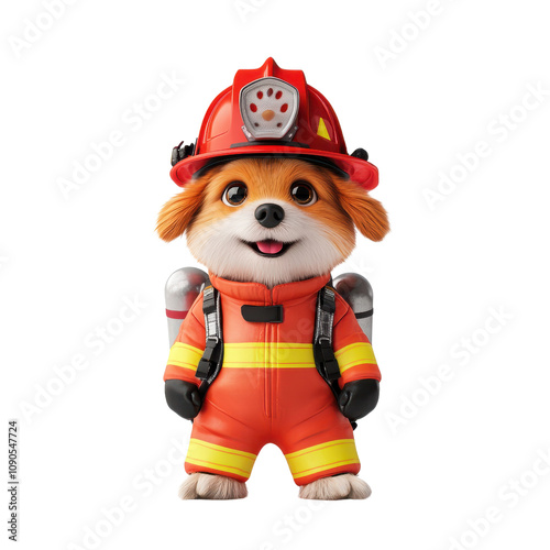 Adorable Cartoon Dog Dressed as a Firefighter in Bright Uniform with Helmet and Fire Safety Equipment for Children's Illustration or Merchandise photo