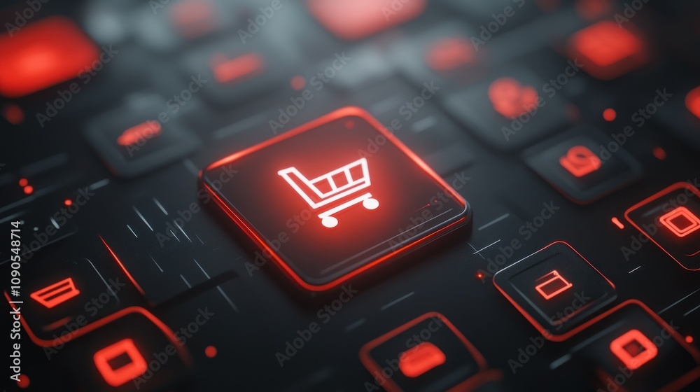 A close-up of a glowing shopping cart icon on a keyboard, symbolizing online shopping. A close-up of a glowing shopping cart icon on a keyboard, symbolizing online shopping.