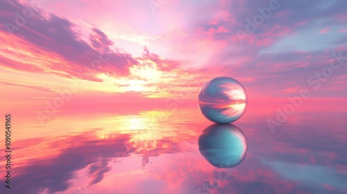 Wallpaper Mural Surreal Landscape with Colorful Sphere Reflecting in Calm Water Under a Vibrant Sunset Sky with Dramatic Clouds and Soft Pastel Hues Torontodigital.ca