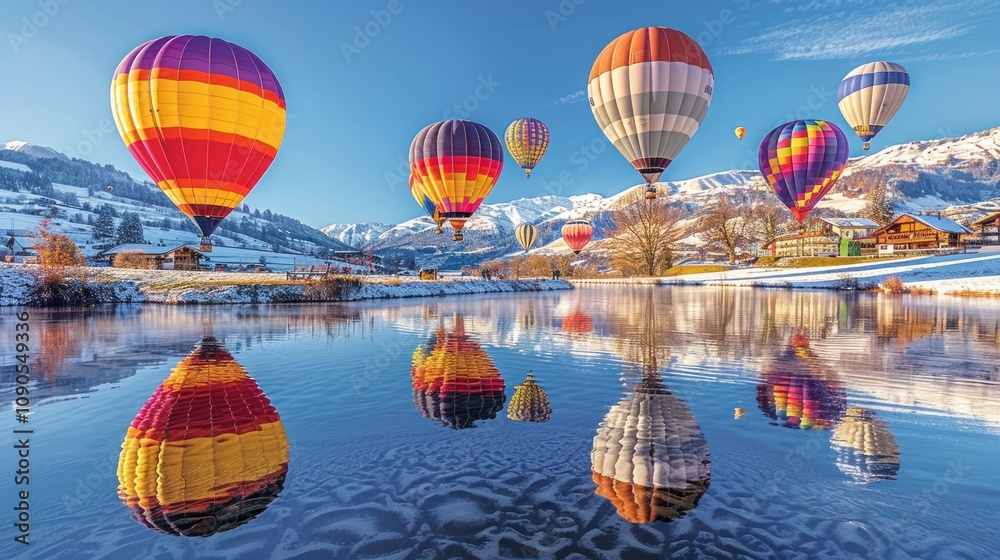 Fototapeta premium Colorful hot air balloons reflected in a serene lake landscape.