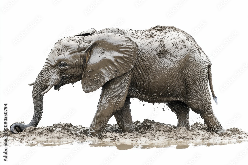 Fototapeta premium Muddy elephant walks through mire.