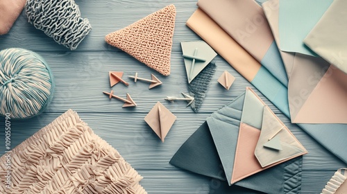 Creative Composition of Textile Materials and Paper Crafts on a Blue Wooden Surface Showcasing Soft Colors and Unique Textures for Art and Design Inspiration photo