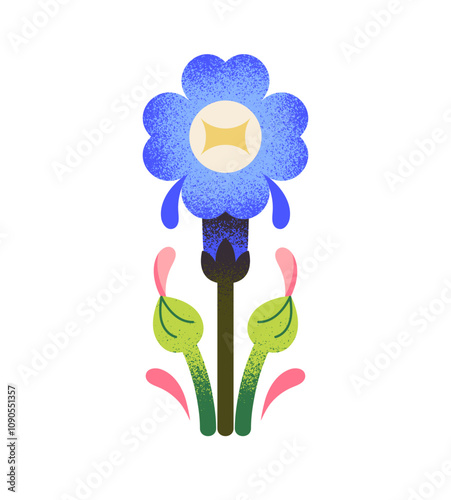 Stylized bluebells flower with blooming buds. Abstract geometric shape wildflower with blue petals. Blossom plant, leaves. Modern floral decor. Flat isolated vector illustration on white background