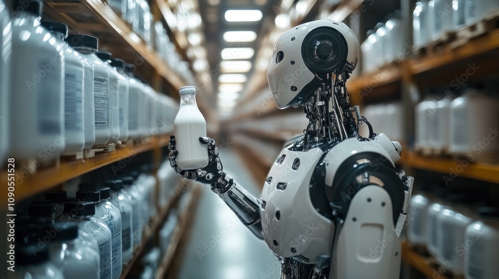 Fototapeta premium Robot examining a bottle in warehouse aisle