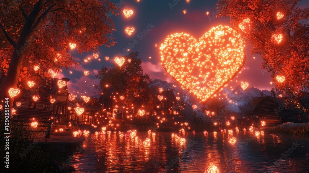 Romantic Heart-Lit Village Scene at Twilight with Glowing Lights Romantic Heart-Lit Village Scene at Twilight with Glowing Lights
