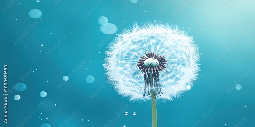 Large dandelion with a water drop set against a blue background, showcasing the delicate features of the dandelion and the beauty of nature in an artistic composition highlighting the dandelion. Large dandelion with a water drop set against a blue background, showcasing the delicate features of the dandelion and the beauty of nature in an artistic composition highlighting the dandelion.