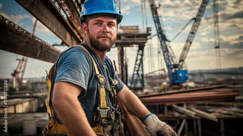 An ironworker in a blue hard hat and safety harness, standing on a high steel beam and looking confidently at the camera, with a background of a steel structure and cranes photo