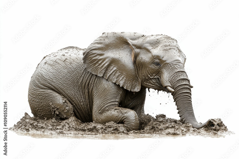 Fototapeta premium Muddy elephant rests in mud puddle.