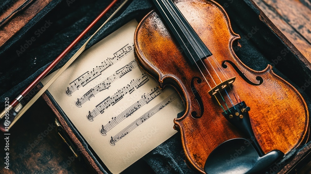 Fototapeta premium A violin resting on sheet music inside a case, symbolizing music and artistry.