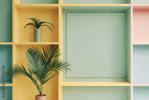 Office interior bookshelf color block backdrop for online meetings