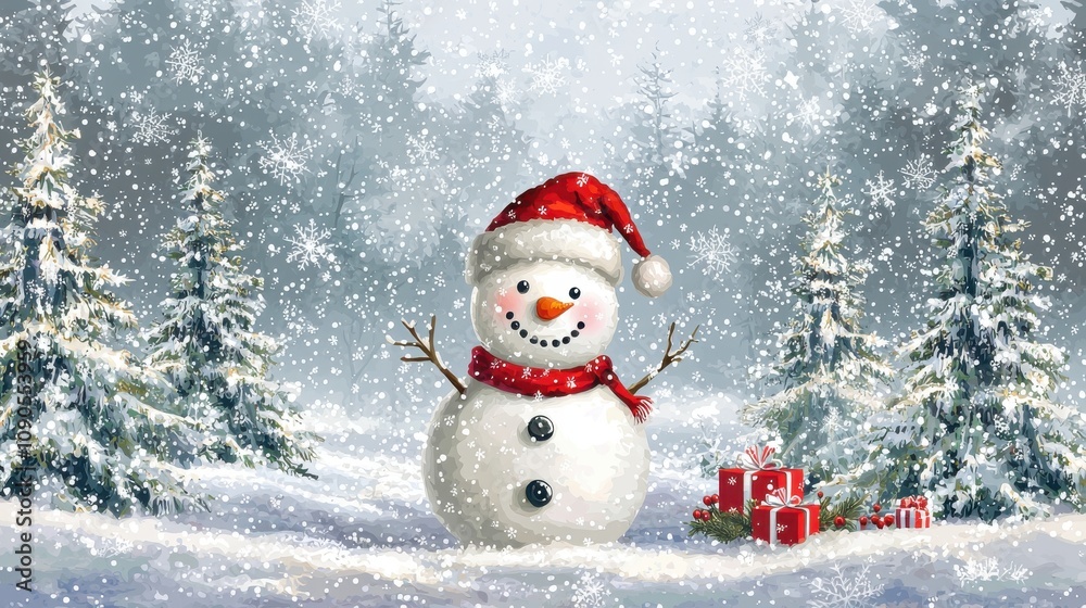 Obraz premium Snowman with Santa Hat Surrounded by Snowy Trees