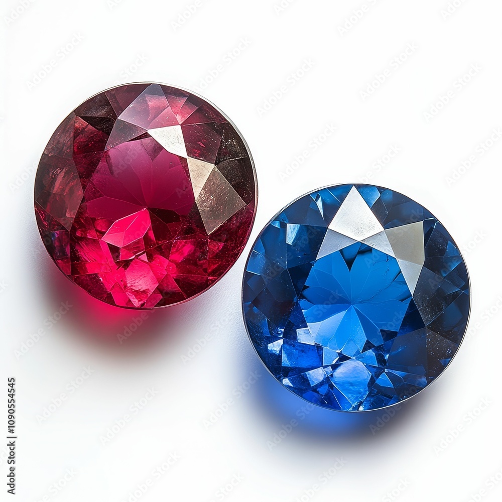Fototapeta premium Two faceted gemstones: red and blue.