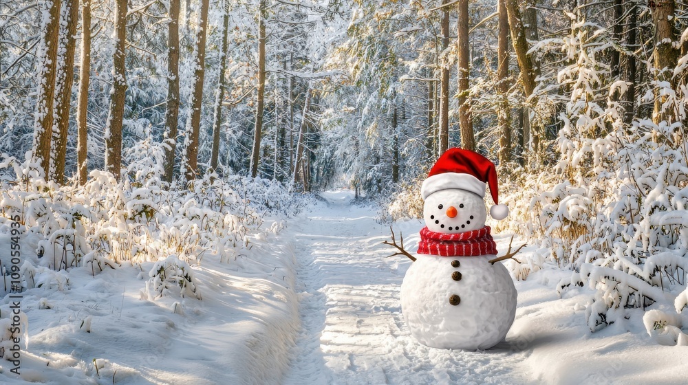 Obraz premium Winter Snowman with Santa Hat in a Frosty Setting