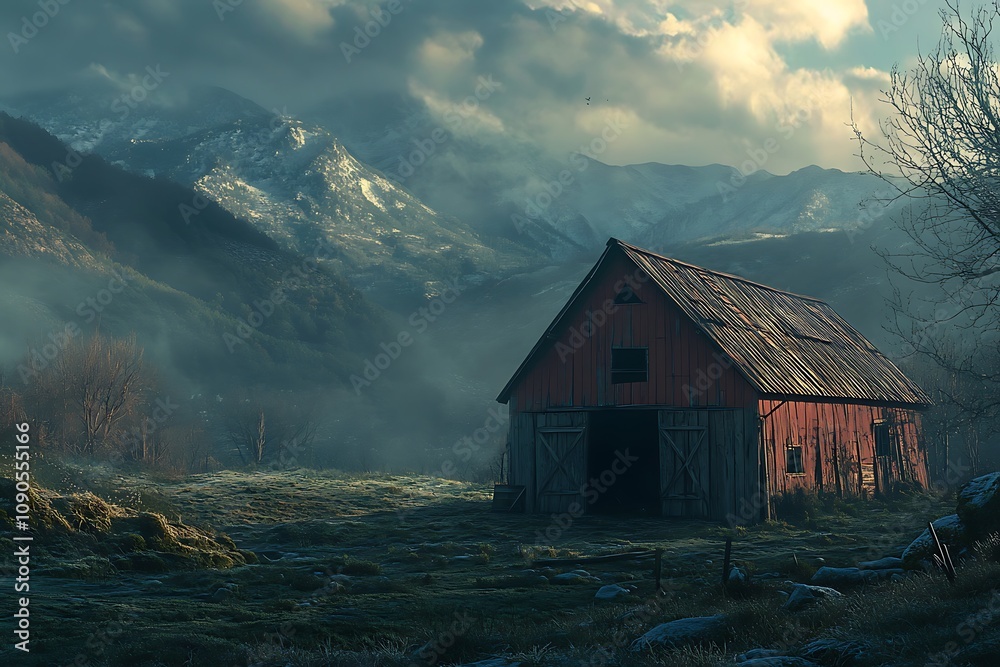 Fototapeta premium A rustic red barn set against misty mountains, evoking tranquility and rural charm.