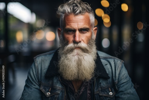 Portrait of a handsome middle-aged man with long white beard and mustache. Men's beauty, fashion.