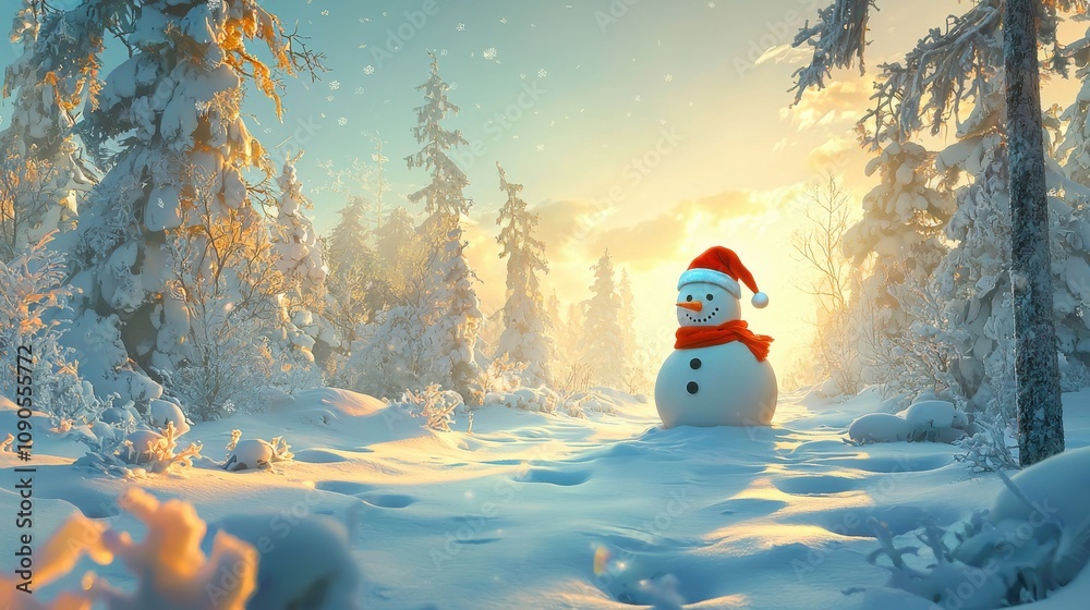 Fototapeta premium Festive Snowman in Winter Forest