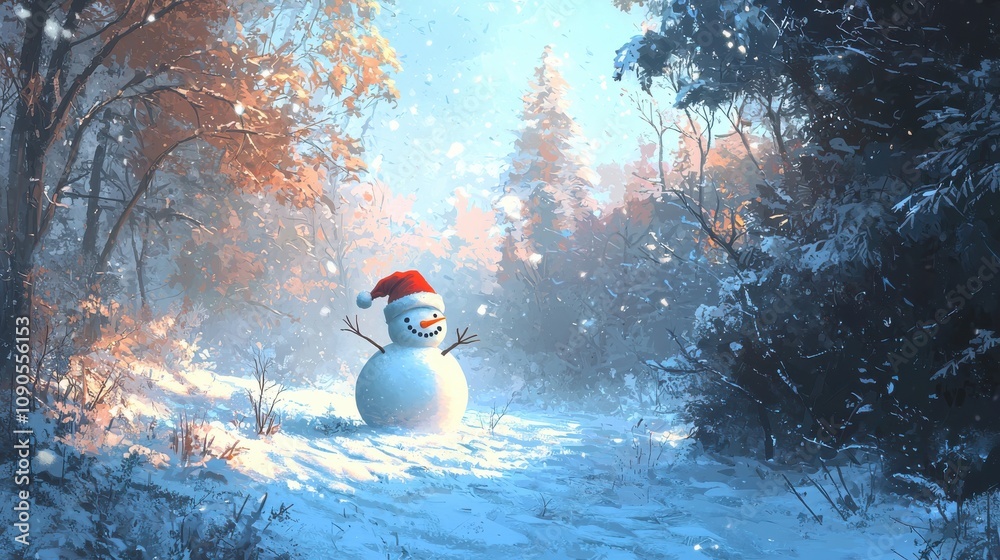 Fototapeta premium Festive Snowman in Winter Forest
