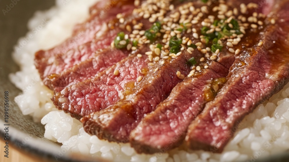 Obraz premium Tender and Juicy Slices of Beef with Glaze Over a Bed of Steamy White Rice Garnished with Sesame Seeds and Scallions in a Rustic Bowl