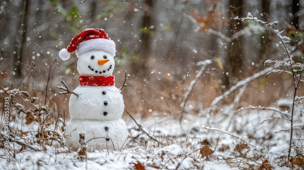 Fototapeta premium Snowman in Santa Hat in a Frosty Forest