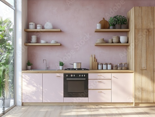 Modern Pink Kitchen With Wooden Accents And Shelves photo