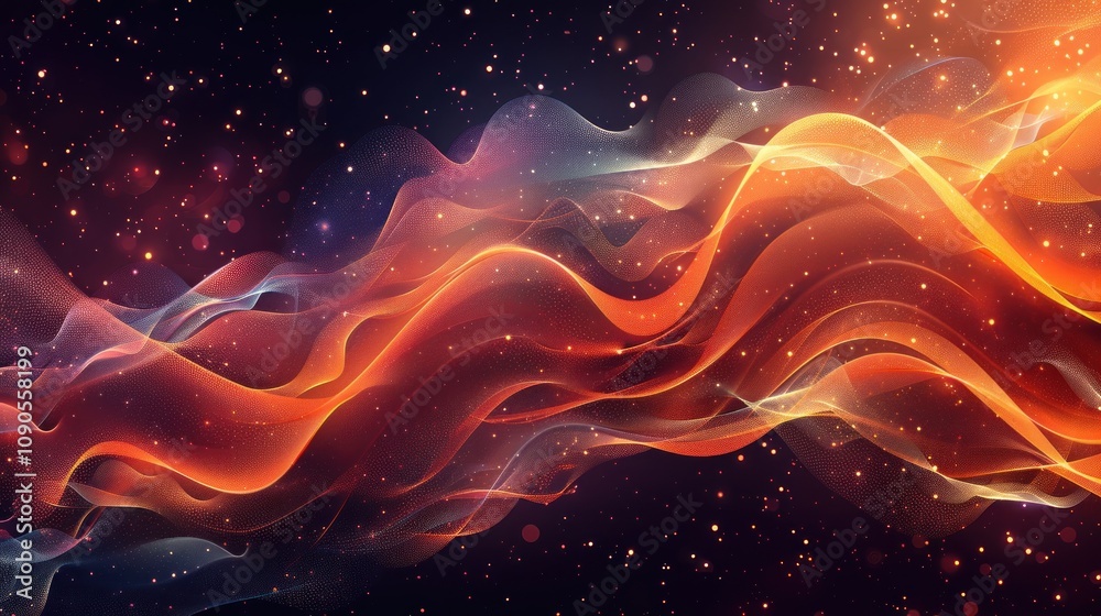 Obraz premium Abstract fiery wave glowing in dark space with sparkles.