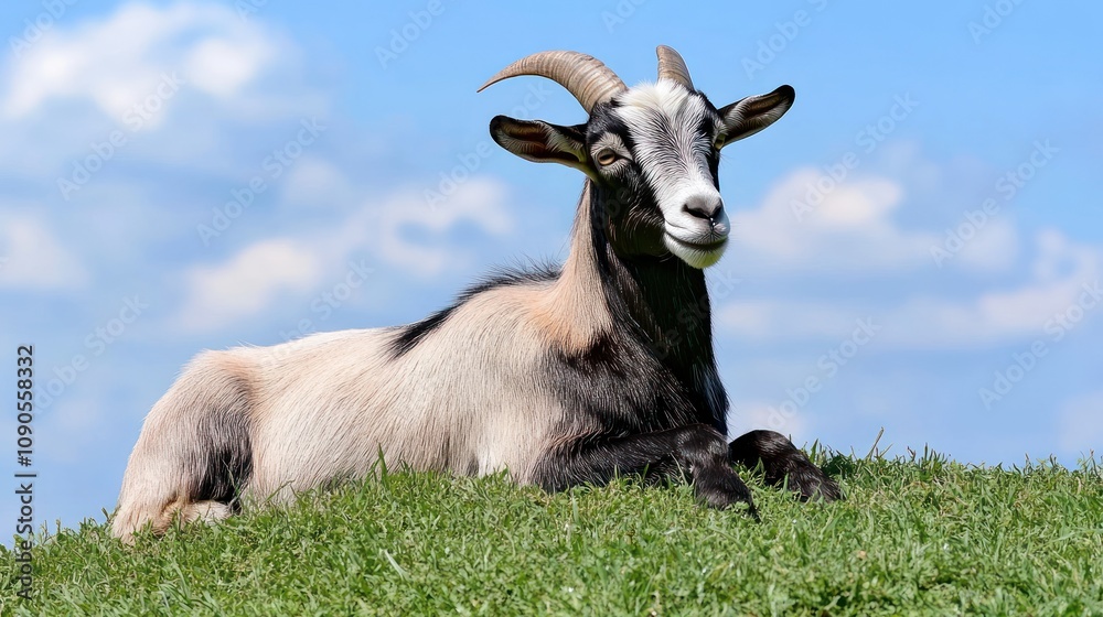 Fototapeta premium A goat resting on a grassy hill under a blue sky with clouds.