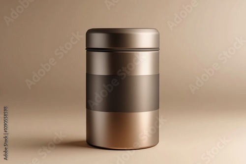 Metallic cylindrical container with a minimalist design, featuring a sleek matte finish against a beige backdrop Ideal for modern storage concepts or luxury packaging